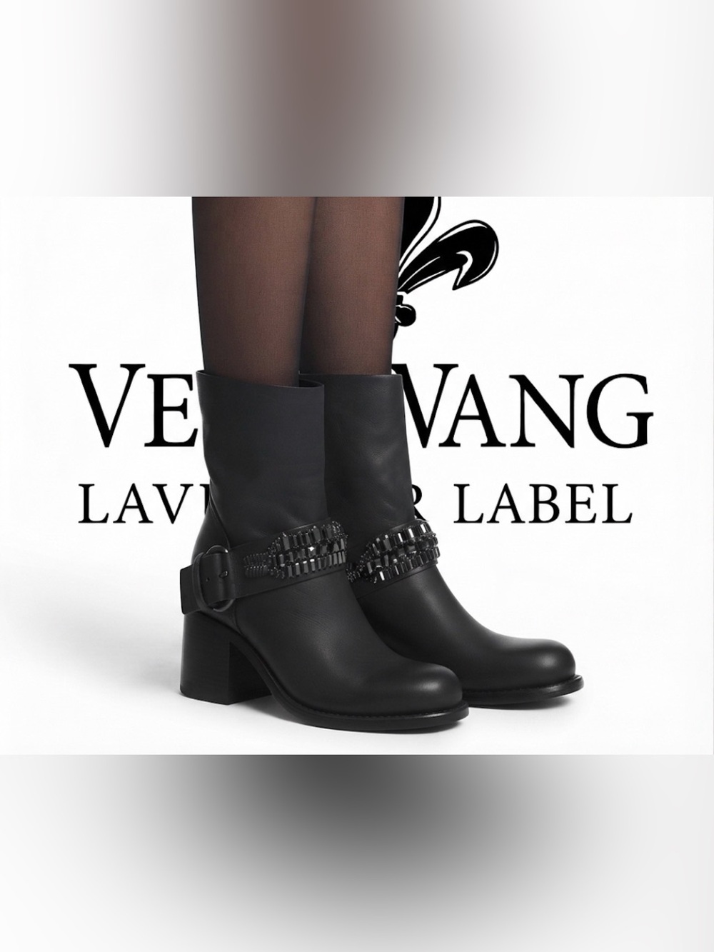 Authentic Vera Wang Lavender Label black leather designer jewel moto boots 9.5